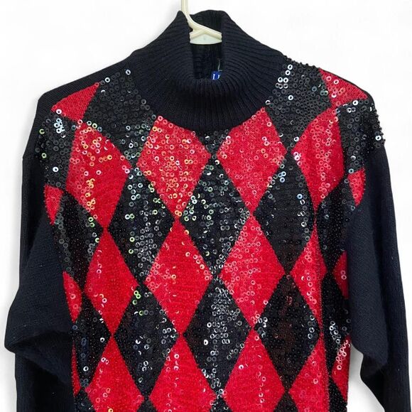 Vintage 90s I.B Diffusion Sequined argyle black and red turtleneck sweater sz M - Picture 3 of 6